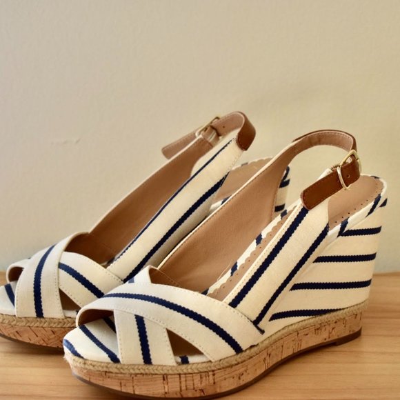 Kelly & Katie Shoes - Navy Striped Wedge Sandals